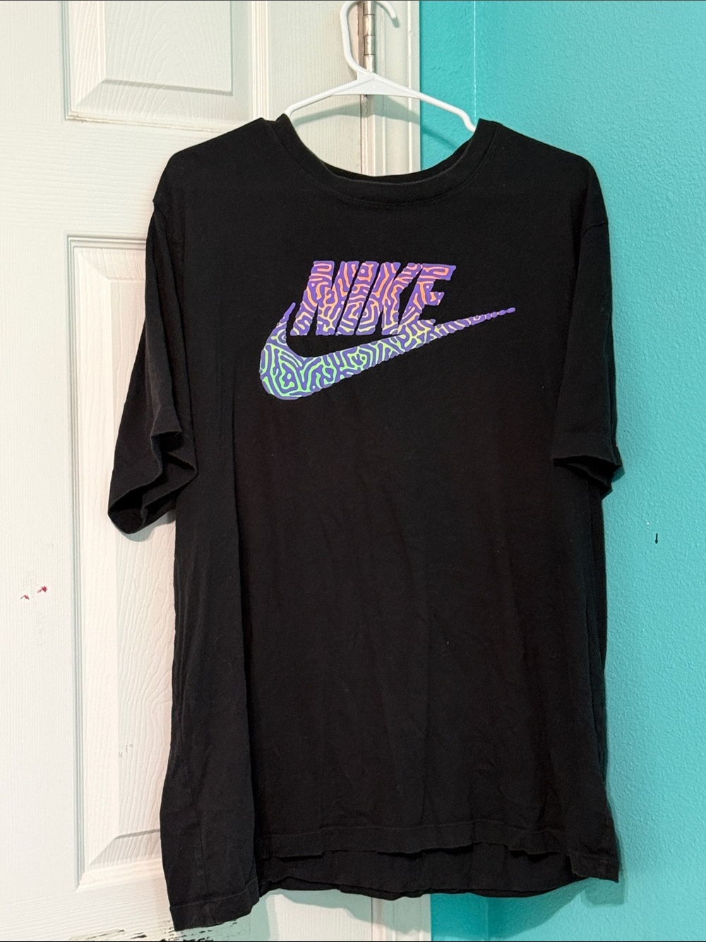 Nike Black Tee with Purple & Teal Patterned Swoosh